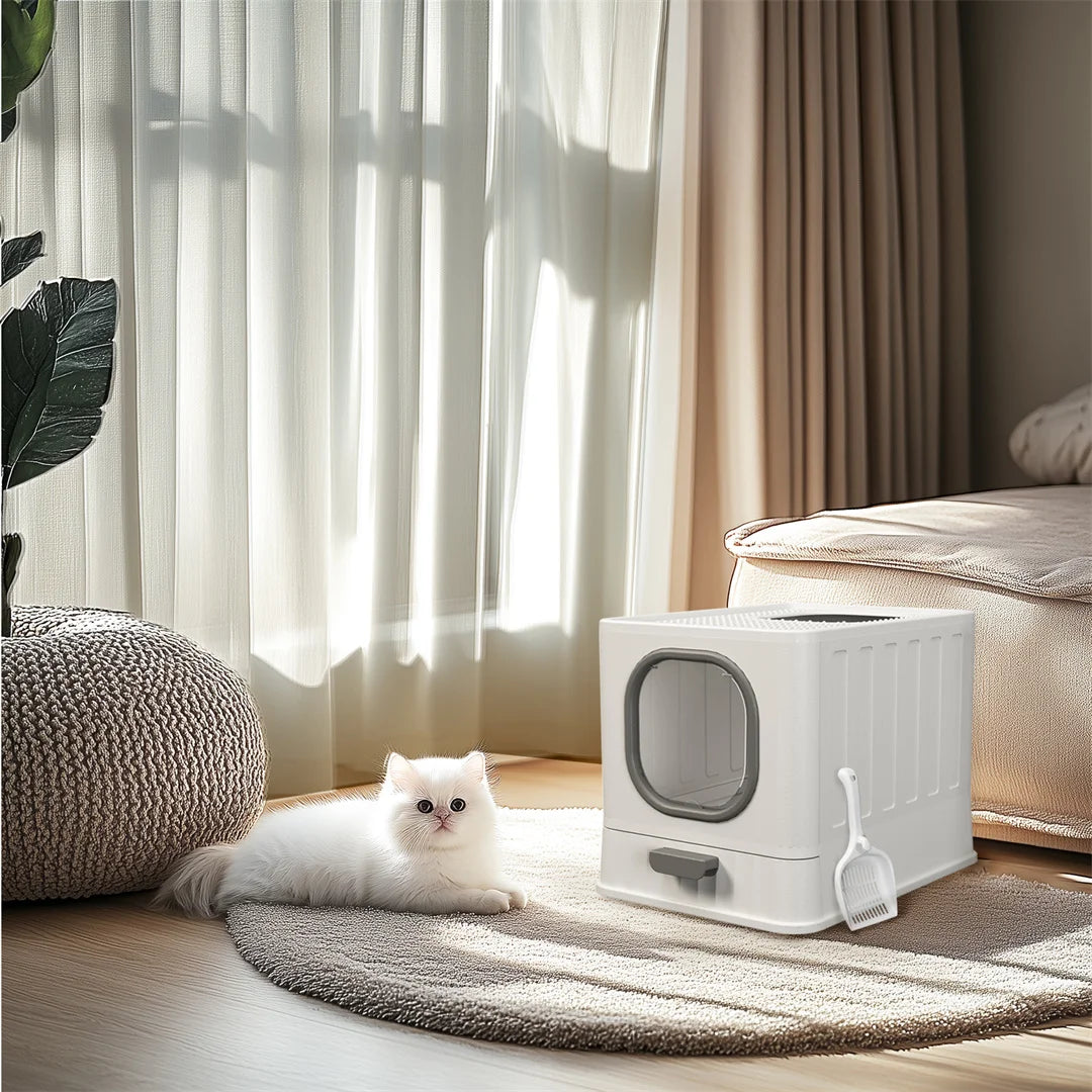 Minimalist Cat Litter Box with Drawer & Scoop - Stylish Enclosed Design
