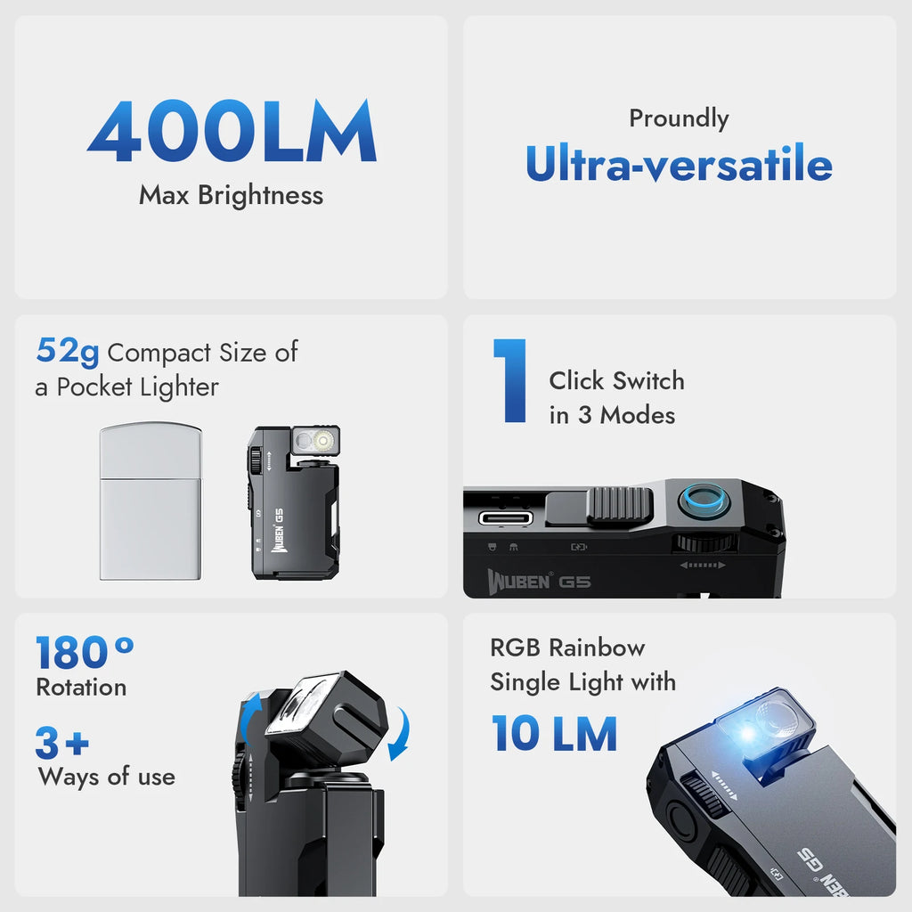 WUBEN G5 Rechargeable 400 Lumens EDC Flashlight with RGB Light