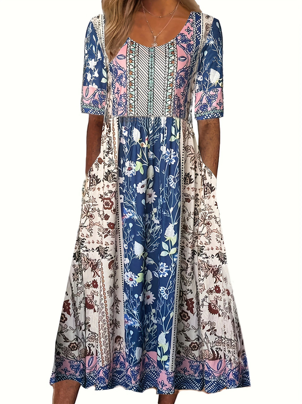 Boho Chic Women's Round Neck Print Short Sleeve Long Dress