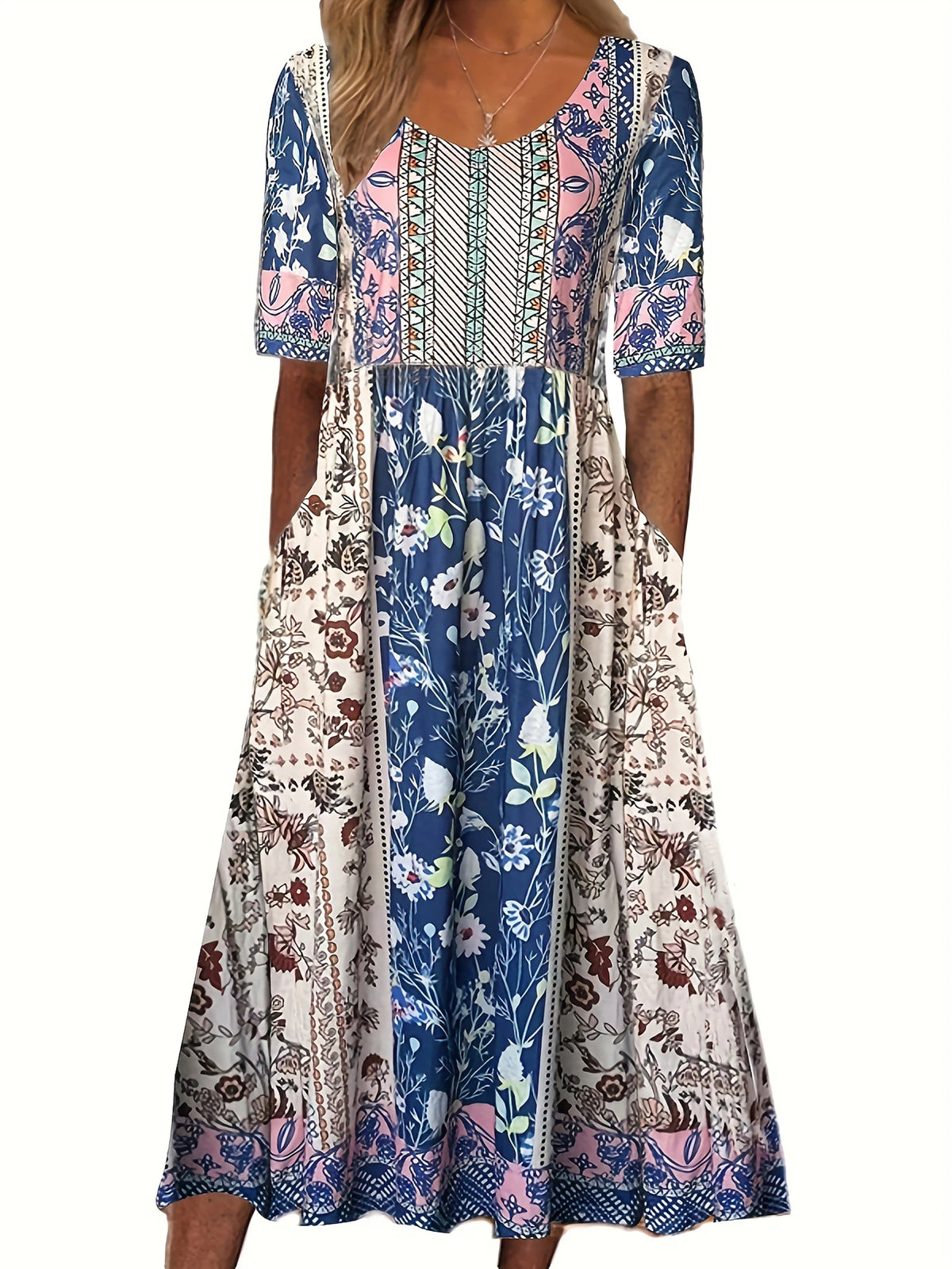 Boho Chic Women's Round Neck Print Short Sleeve Long Dress