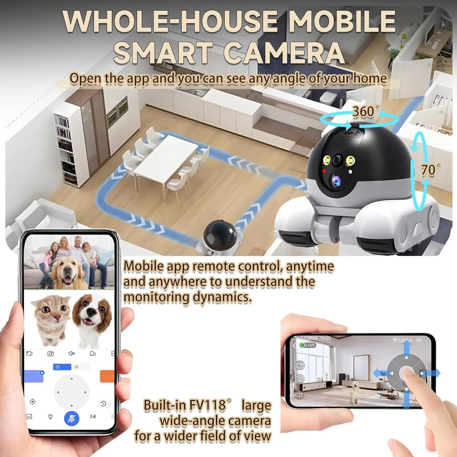 1080P Movable Pet Cam - Smart Home Security & Monitoring for Pets