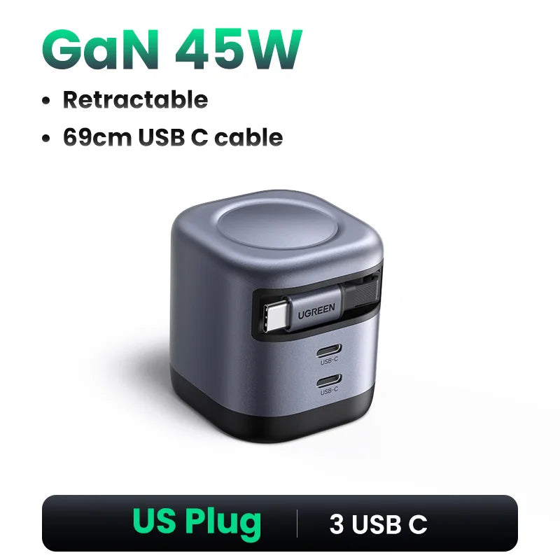 UGREEN 45W GaN Fast Charger with Retractable Cable - Quick & Compact
