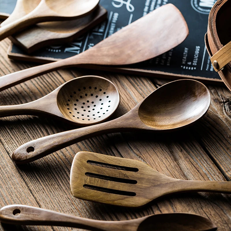 9-Piece Teak Wooden Cooking Spoon Set with Holder - Eco-Friendly Utensils