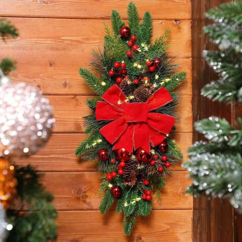 Elegant Christmas Staircase Wreath with Decorative Bow - Holiday Decor