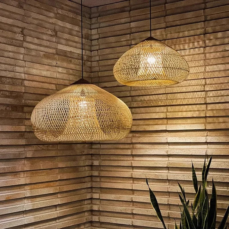 Japanese Wabi-Sabi Hand-Woven Rattan Pendant Light - Boho E27 Lamp