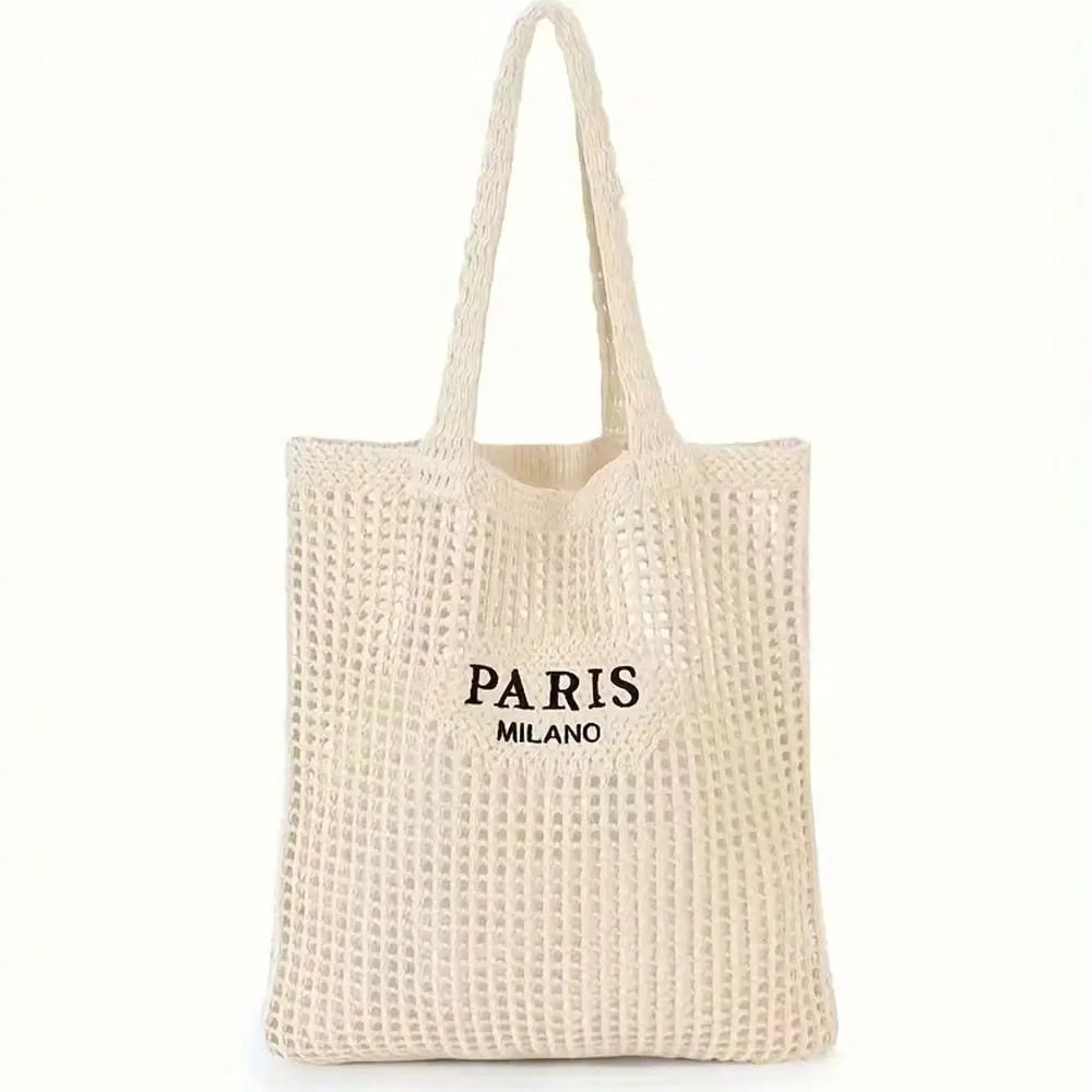 1 Piece Women's Knitted Woven Tote Bag - Paris Lettered Open Shoulder Bag, Breathable Beach & Travel Bag, Washable Fabric, Casual Shopping Accessory, Durable Woven Design, Exclusive for Fashion Enthusiasts