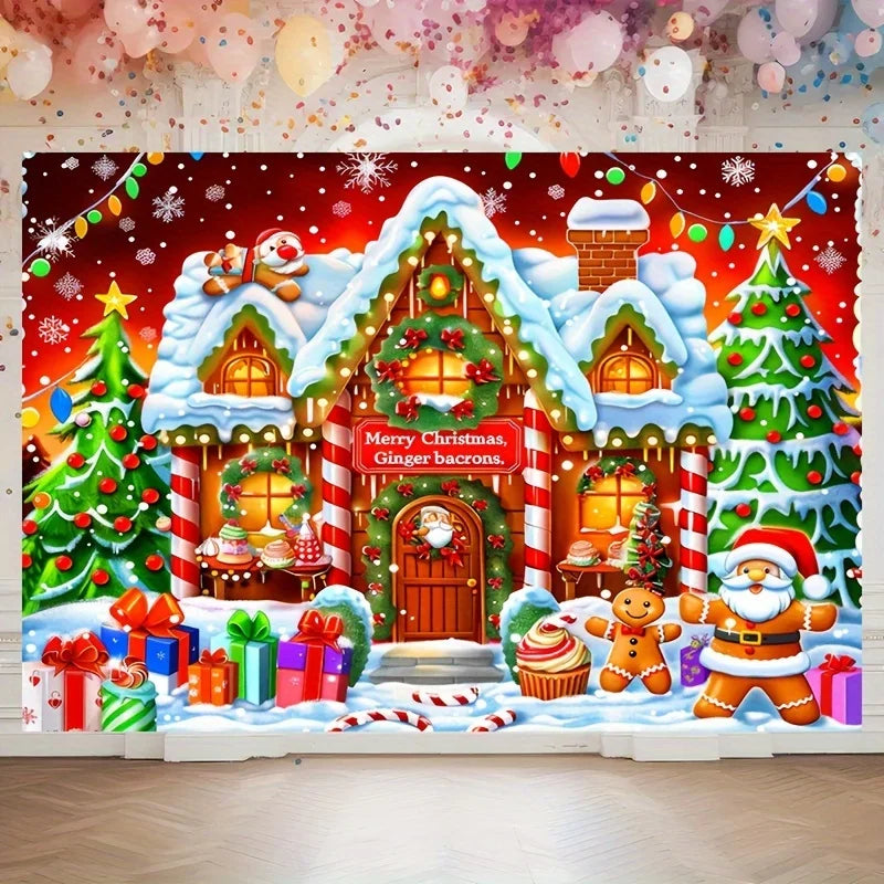 Festive Christmas Background with Holiday Decor & Whimsical Cottage