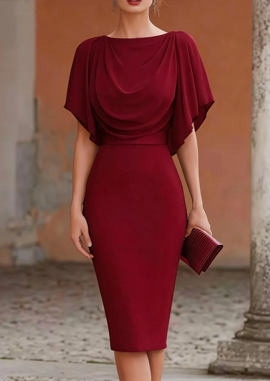 Elegant Women's Midi Dress with Cowl Neck & Draped Cape - Perfect for Parties