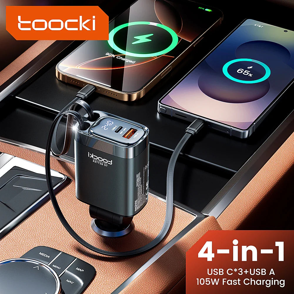 Toocki 105W 4-in-1 Retractable Car Charger with Type-C Cable