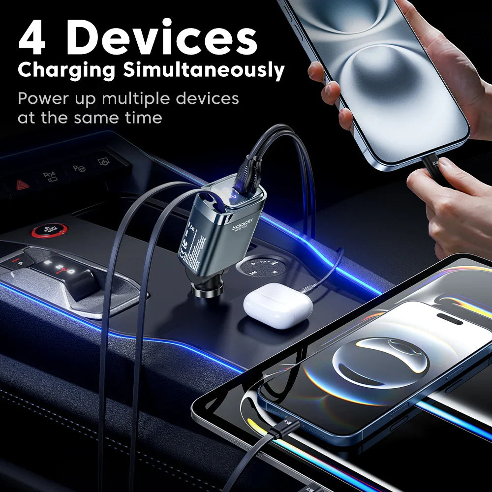 Toocki 105W 4-in-1 Retractable Car Charger with Type-C Cable