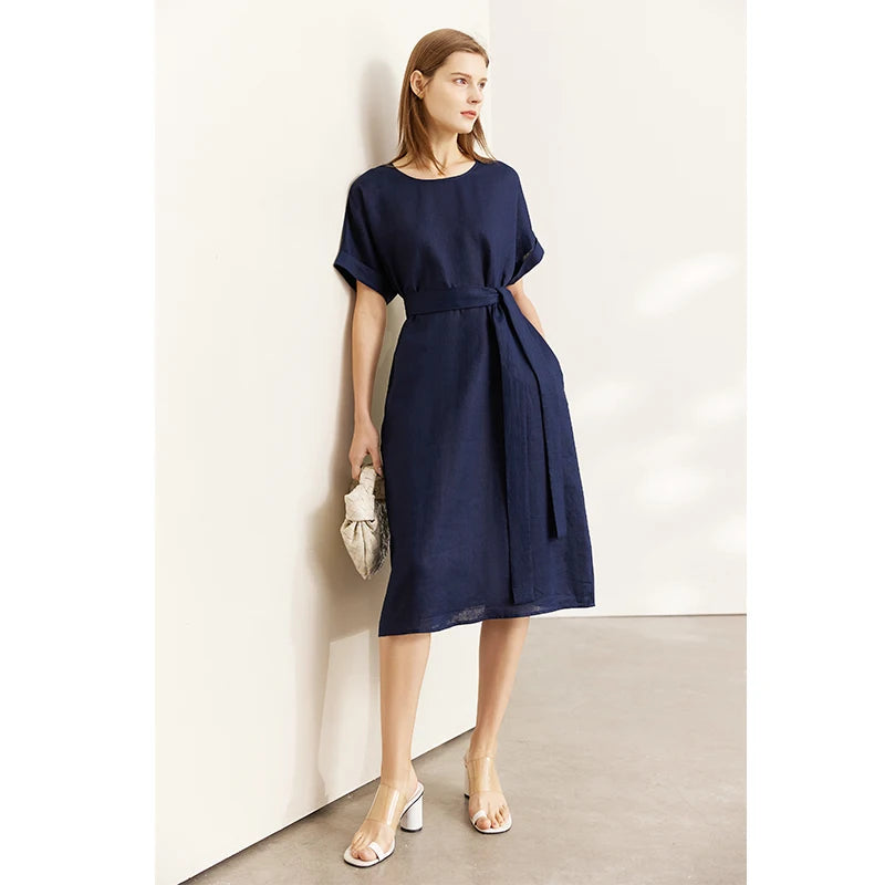 AMII Women's Elegant Linen Summer Dress - Artistic O-Neck A-Line Style