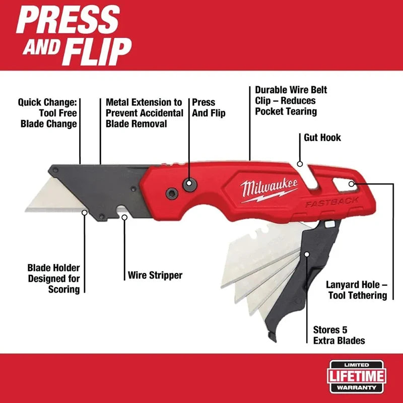 Milwaukee FASTBACK Folding Utility Knife - Heavy-Duty Box Cutter