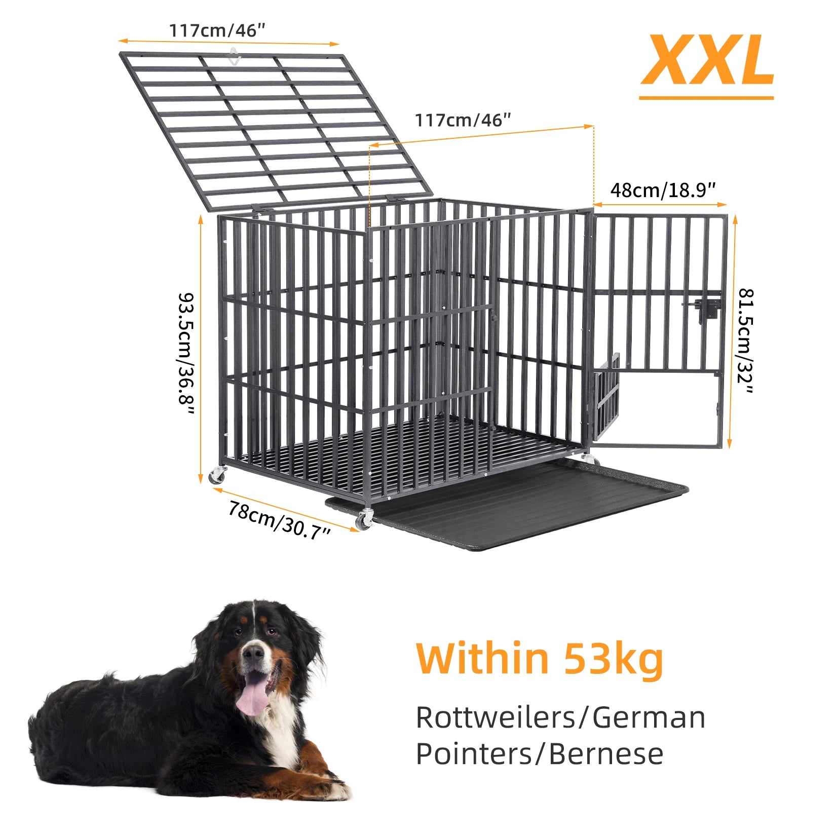 Heavy Duty Dog Crate with Lockable Wheels & Easy Clean Tray