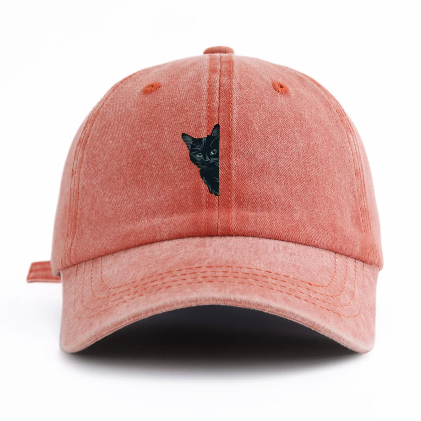Black Cat Print Washed Baseball Cap - Casual Adjustable Dad Hat