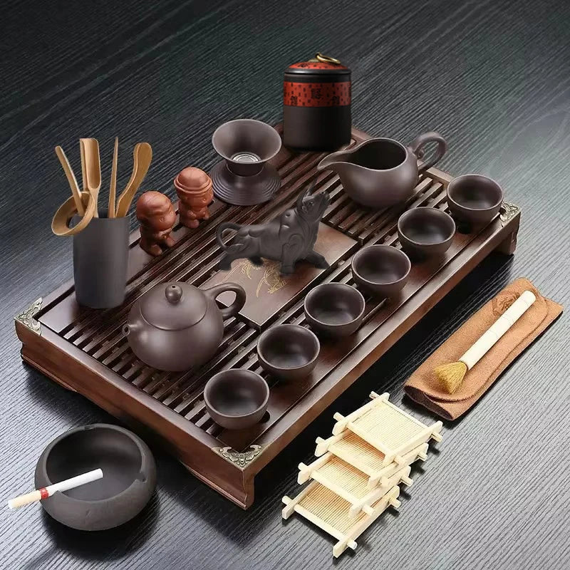 VINRITO Yixing Ceramic Kung Fu Tea Set with Solid Wood Tea Tray - 27 Pieces