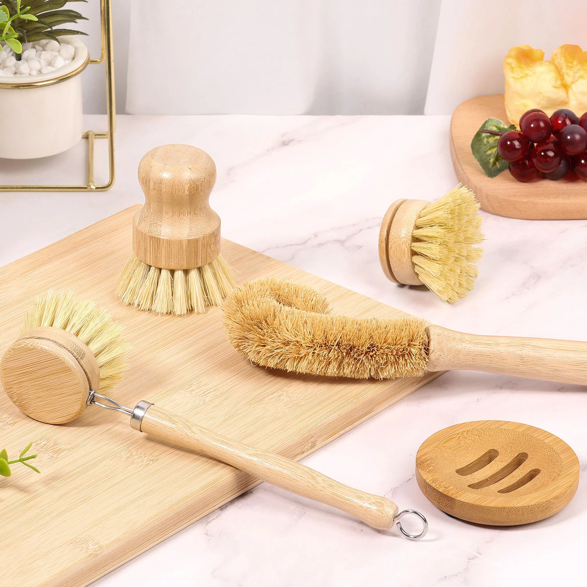 Eco-Friendly Bamboo Dish Brush Set - Versatile Long Handle Cleaning Tool
