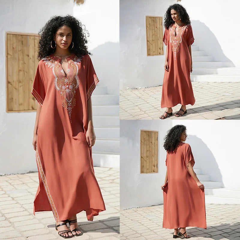 Stylish V Neck Swim Cover Up for Women - Embroidered Kaftan Dress