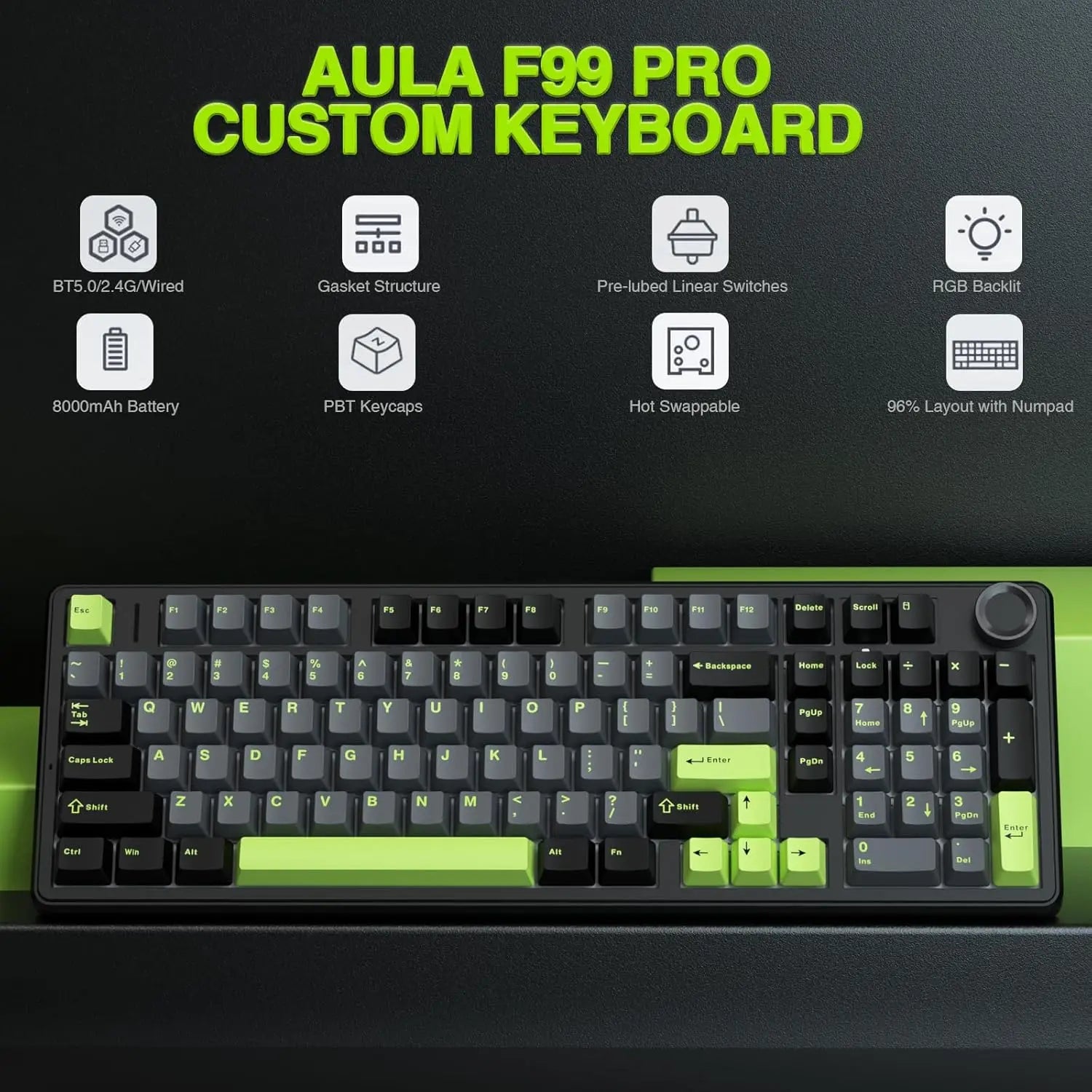 AULA F99 PRO Wireless Mechanical Gaming Keyboard - Tri-Mode, Compact