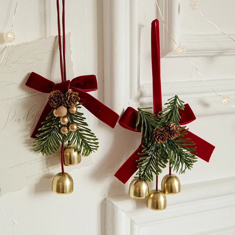 Festive Christmas Jingle Bells Door Hanger with Velvet Bow & Pine Cones