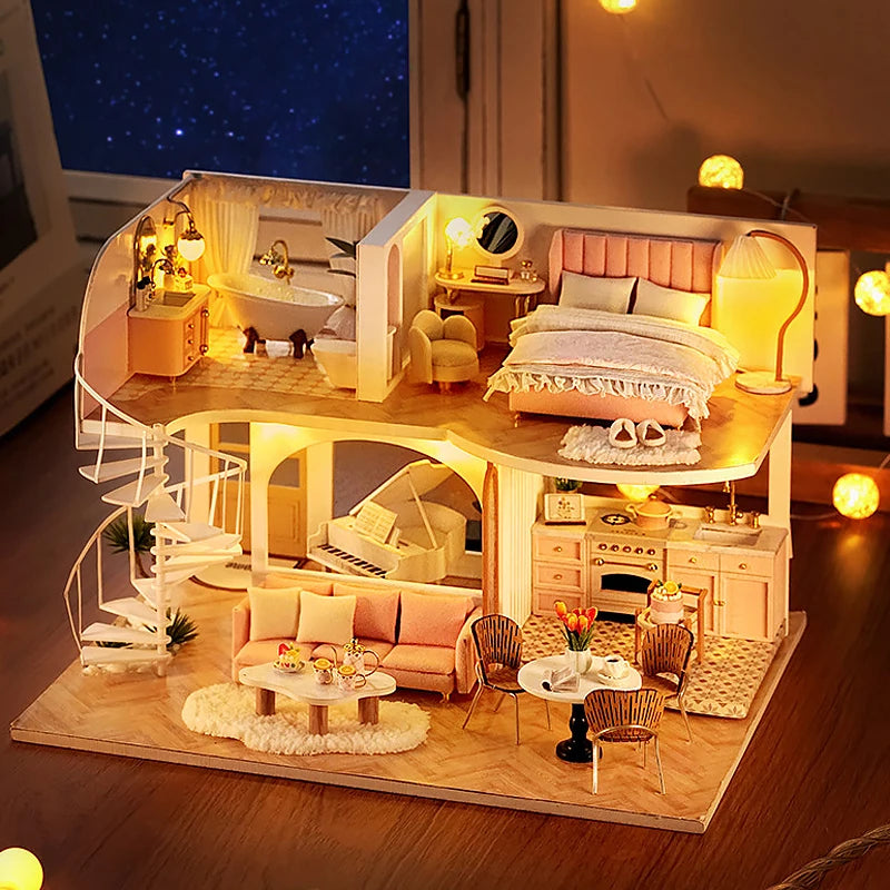 3D Wooden Mini Dollhouse Kit - DIY Duplex Apartment with Furniture