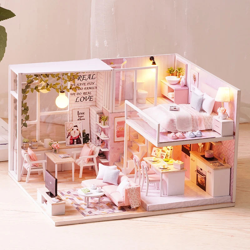 3D Wooden Mini Dollhouse Kit - DIY Duplex Apartment with Furniture