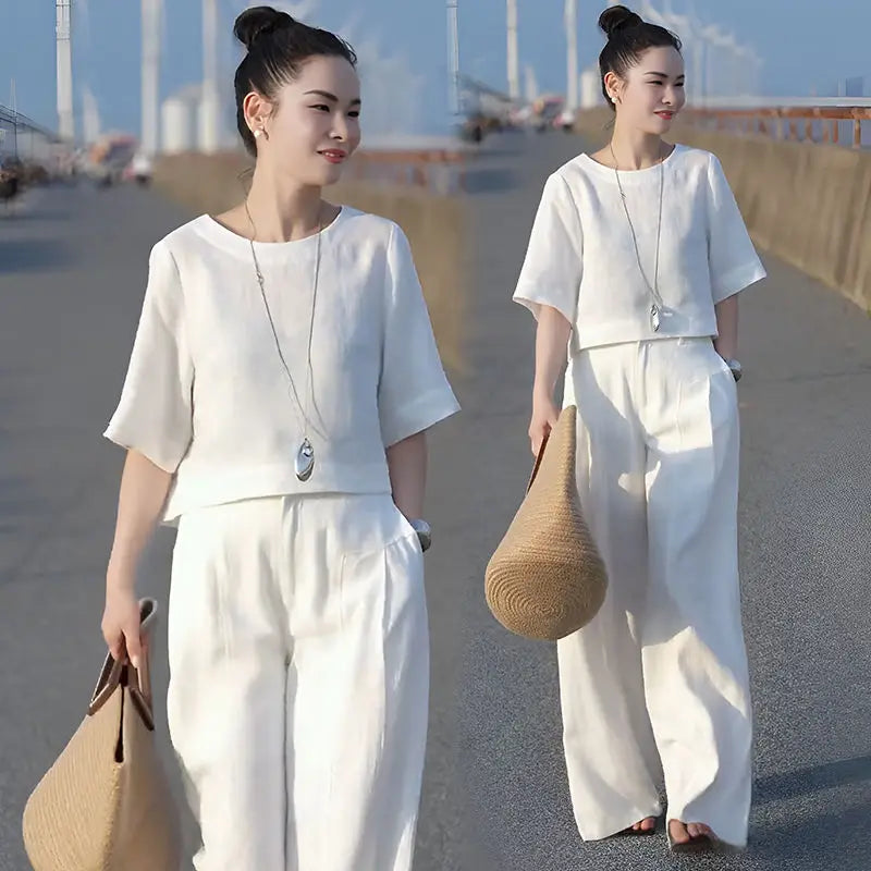 Chic Women's Linen Wide Leg Pants Set - Summer Casual Two Piece Suit