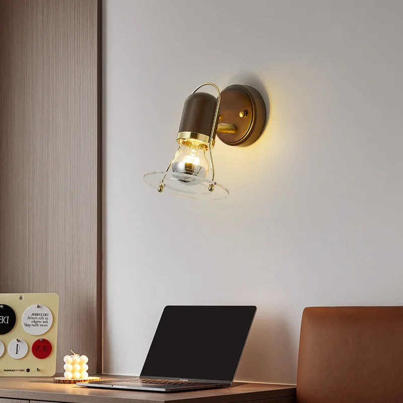 Antique Retro Walnut LED Glass Wall Lamp - Creative Bedroom Light