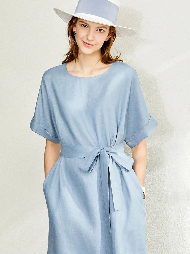 AMII Women's Elegant Linen Summer Dress - Artistic O-Neck A-Line Style