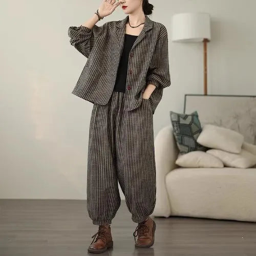 Stylish Women's Cotton Linen Stripe Suit Set - Casual Wide Leg Pants