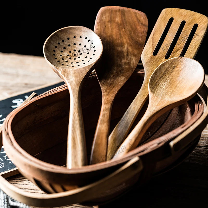 9-Piece Teak Wooden Cooking Spoon Set with Holder - Eco-Friendly Utensils