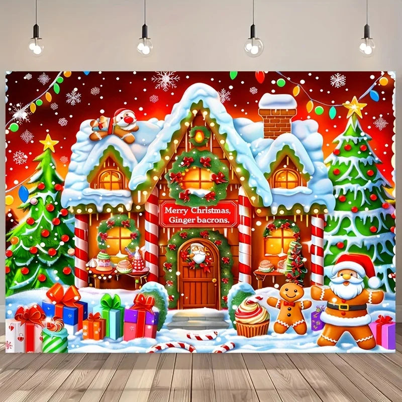 Enchanting Christmas Background Cloth with Cookie Statues & Tree