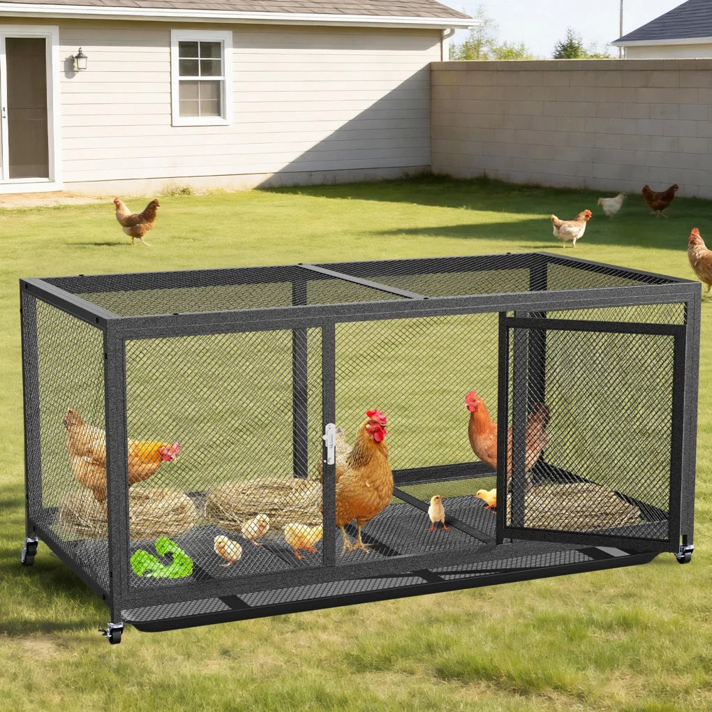 Heavy Duty Metal Chicken Coop with Waterproof Cover & Rolling Wheels