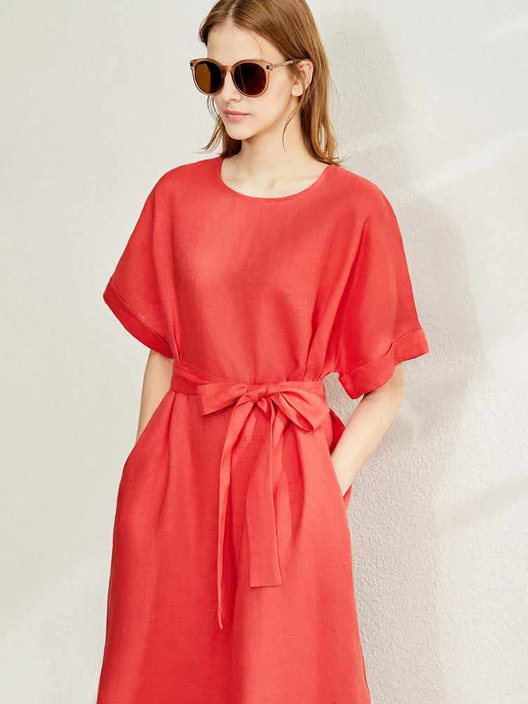 AMII Women's Elegant Linen Summer Dress - Artistic O-Neck A-Line Style