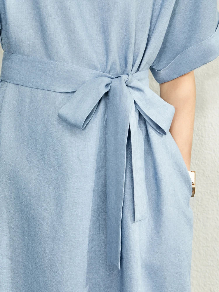 AMII Women's Elegant Linen Summer Dress - Artistic O-Neck A-Line Style