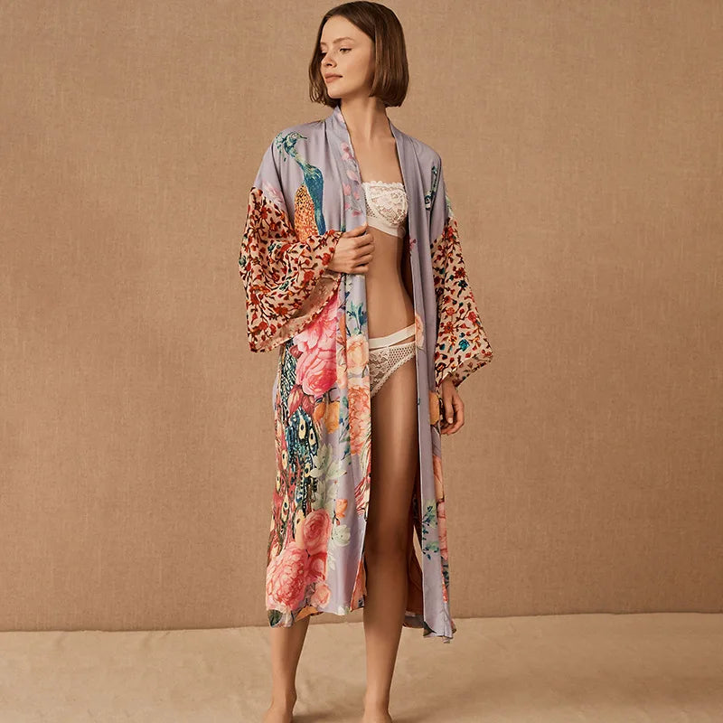 Stylish Peacock Printed Beach Kimono - Women's Swimsuit Cover Up