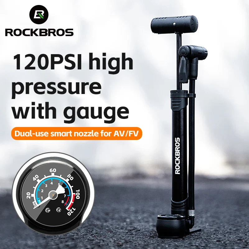 ROCKBROS 120PSI Portable Bike Pump with Pressure Gauge - Lightweight & Durable