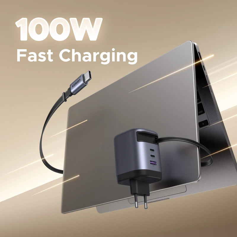 UGREEN 100W GaN Fast Charger with Retractable Cable for All Devices
