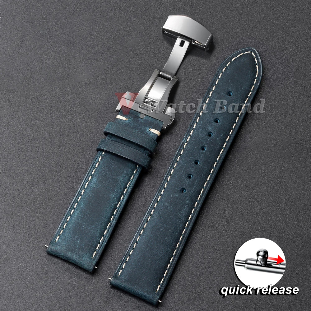 Genuine Leather Watch Band with Butterfly Buckle - 18/20/22mm Options