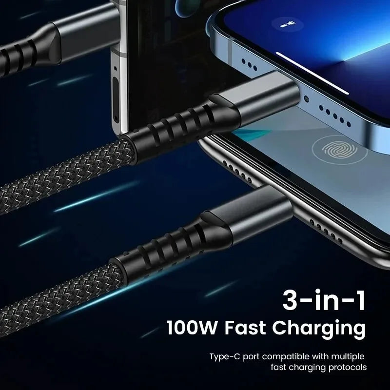 100W 3-in-1 Fast Charging Cable: USB Type-C & Micro for All Devices