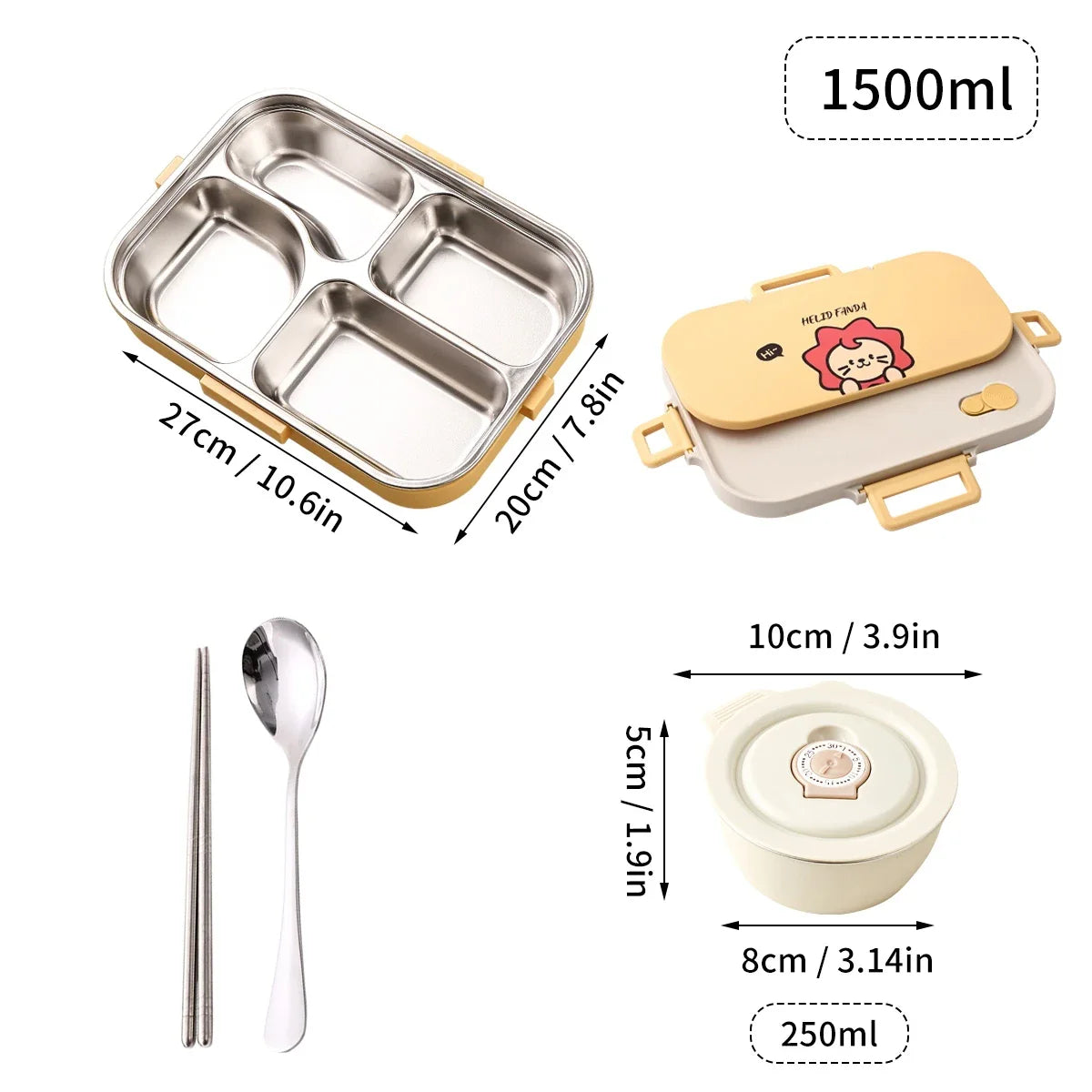WORTHBUY Portable 4-Grid Stainless Steel Lunch Box with Utensils