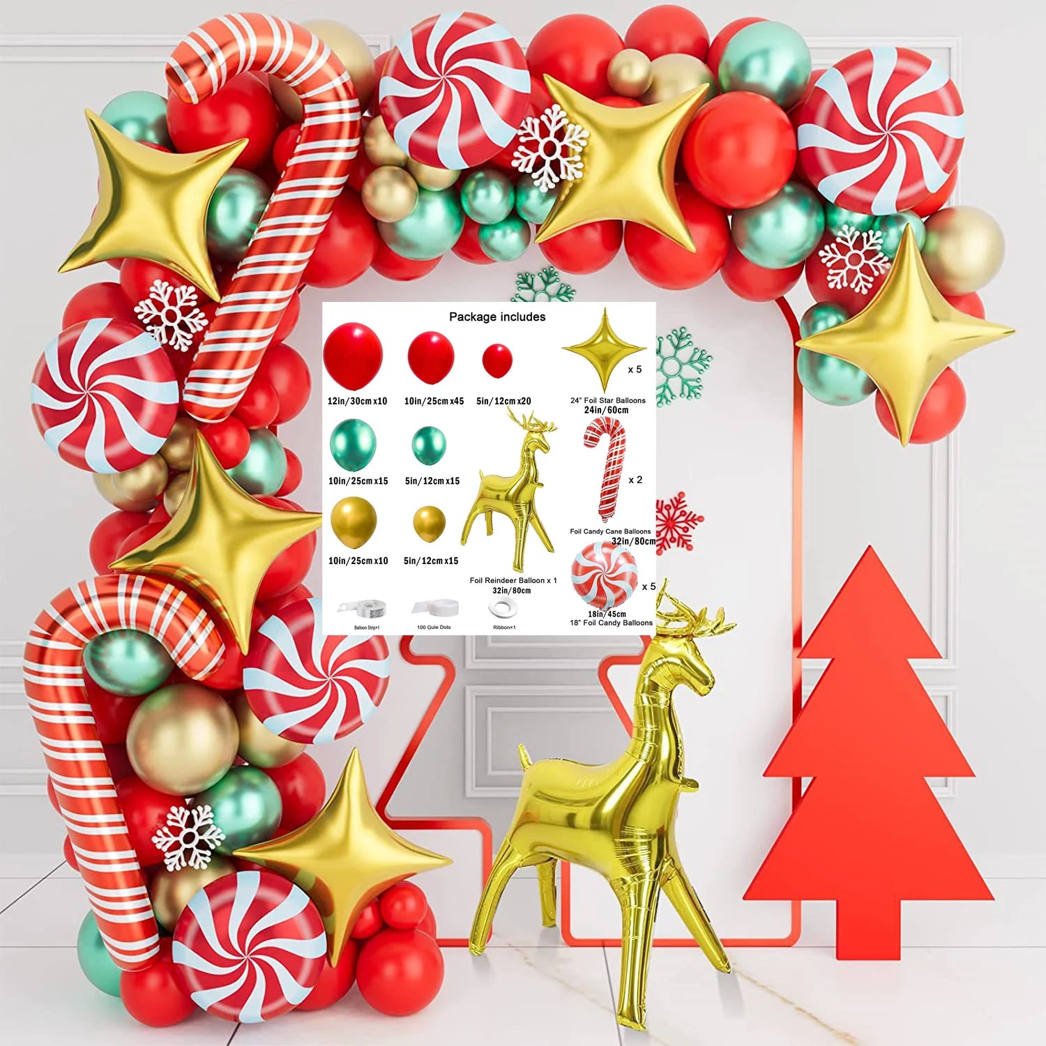 Festive Christmas Balloon Set – Red & Green Candy Canes & Gold Accents