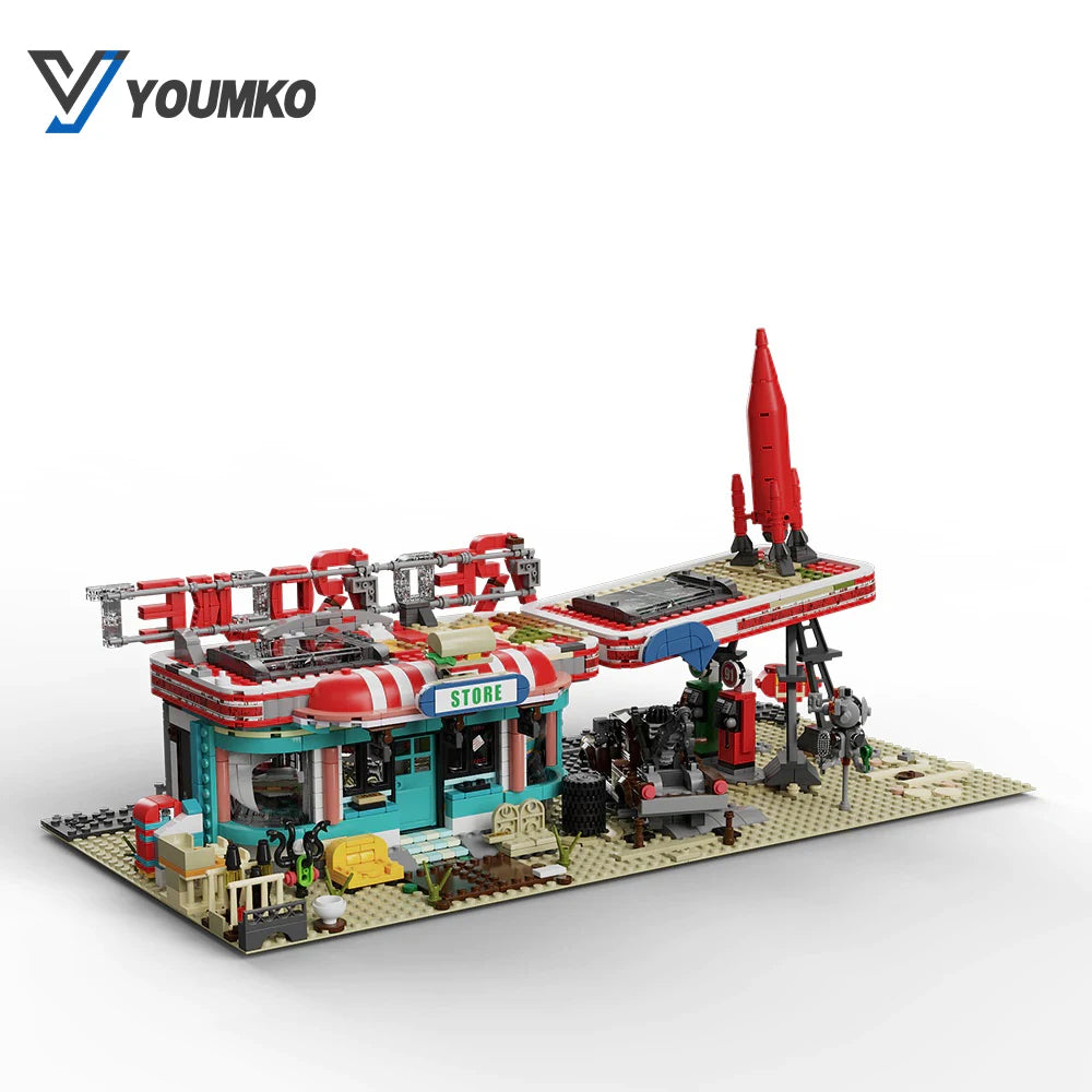 2221PCS Red Rocket Gas Station Building Blocks - Fun Toy for Kids & Adults