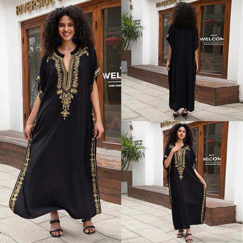 Stylish V Neck Swim Cover Up for Women - Embroidered Kaftan Dress