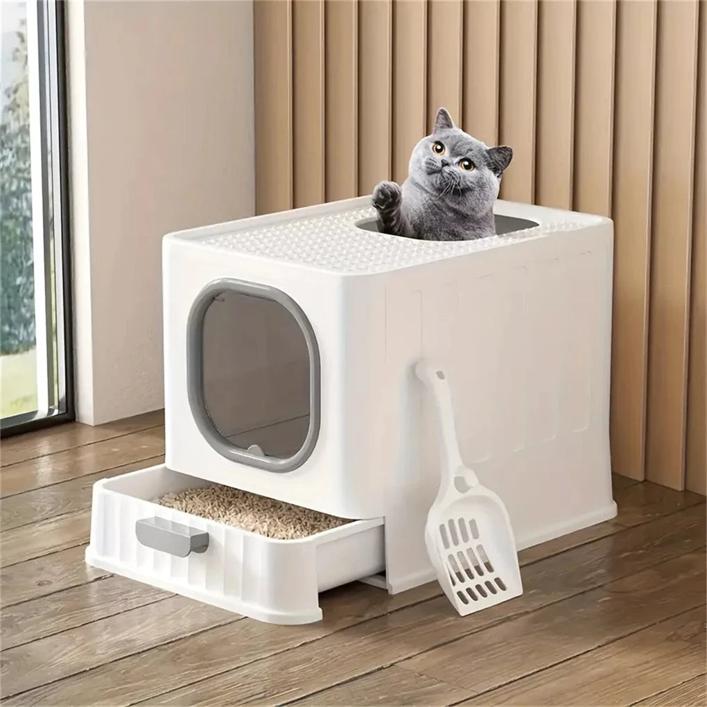 Leak-Proof Cat Litter Box with Pull Drawer & Scoop - Anti-Splash Design