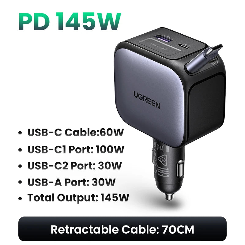 UGREEN 60W USB-C Car Charger & Retractable Fast Charging Cable