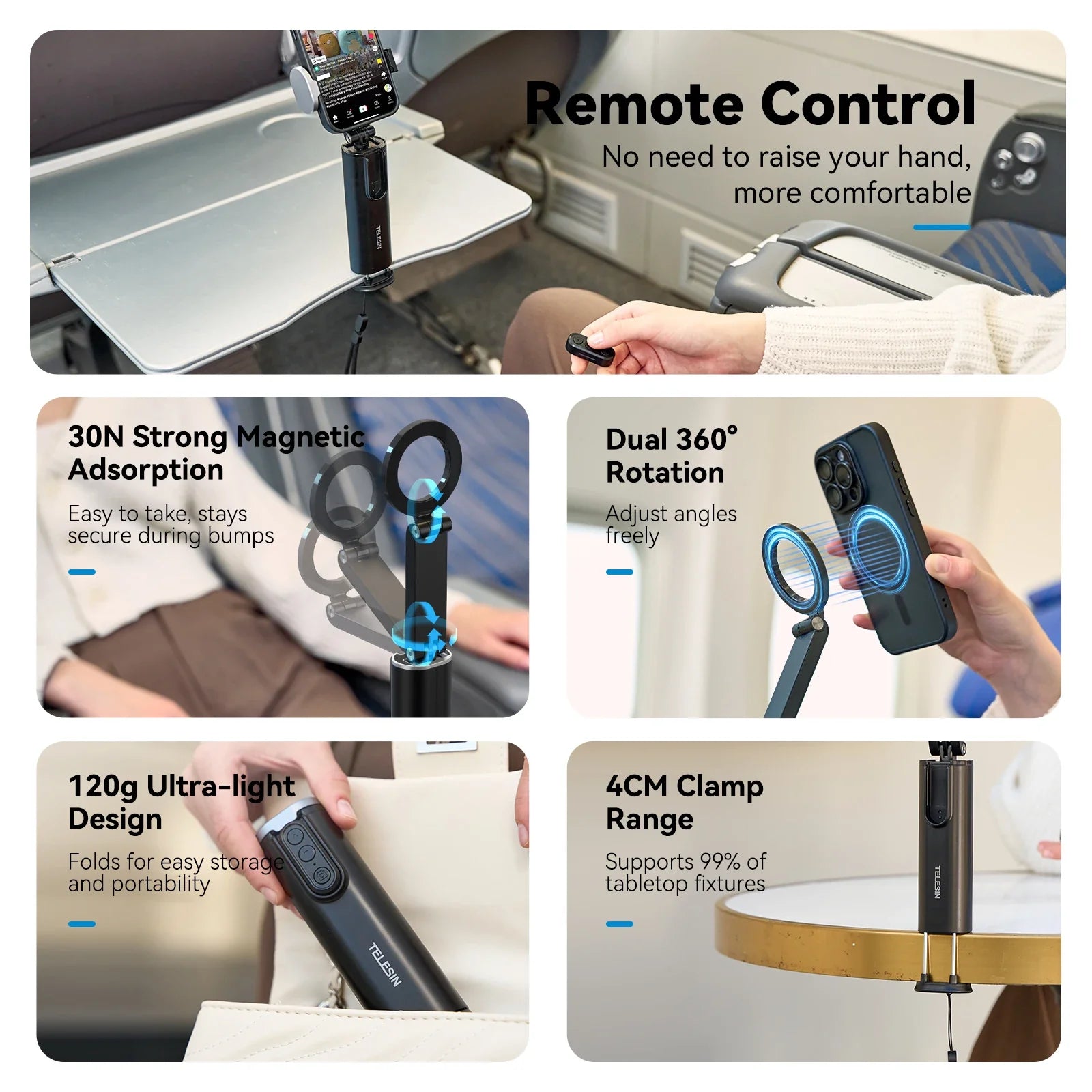 TELESIN 3-in-1 Selfie Stick with Remote - Magnetic & Clamp