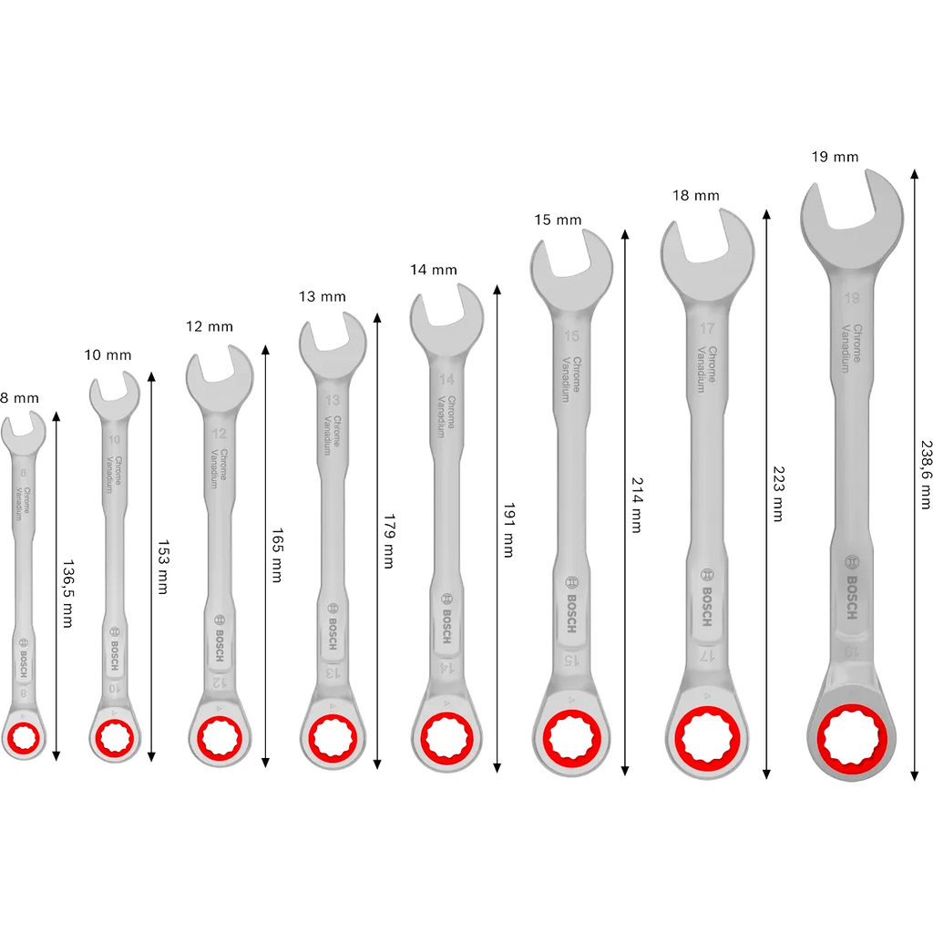 BOSCH 8-Piece Ratchet Combination Wrench Set for Precision Fastening