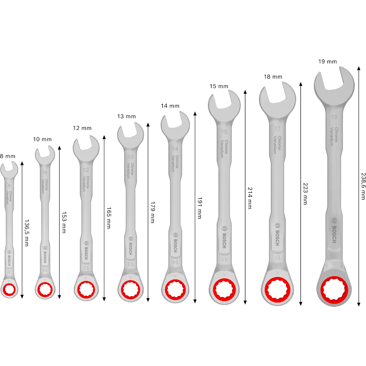 BOSCH 8-Piece Ratchet Combination Wrench Set for Precision Fastening