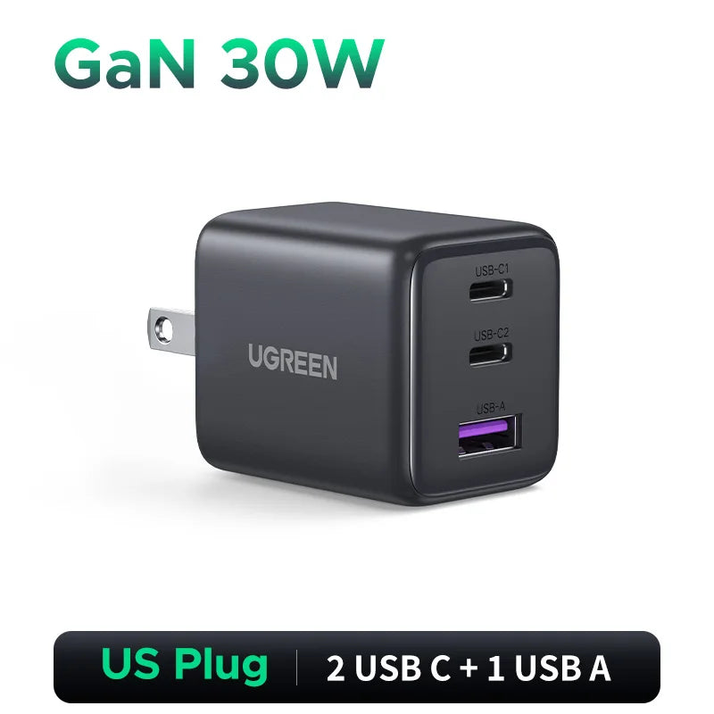 UGREEN 30W GaN USB-C Charger - Fast 3-Port Portable Charging