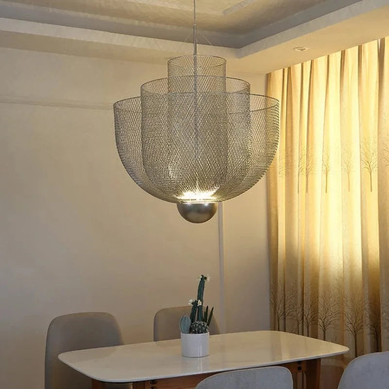 Modern Iron LED Pendant Lamp - Dimmable Mesh Light for Dining & Bedroom